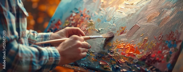 Fototapeta An artist creating a vibrant painting with textured brush strokes.