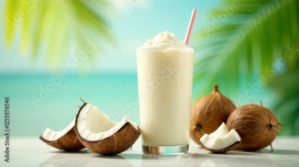 Fototapeta Pina Colada with Coconut under Palm Trees