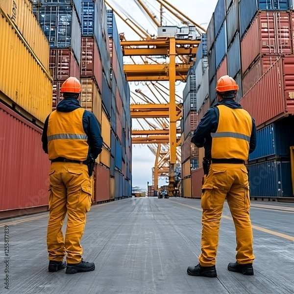 Obraz Marine logistics security check by customs officers at port industrial environment detailed inspection overview