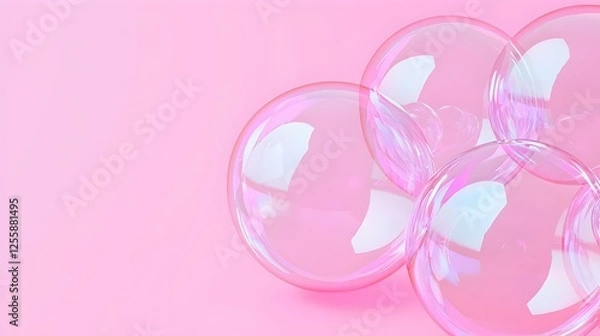 Fototapeta Colorful Soap Bubbles on a Soft Pink Background Displaying Reflection