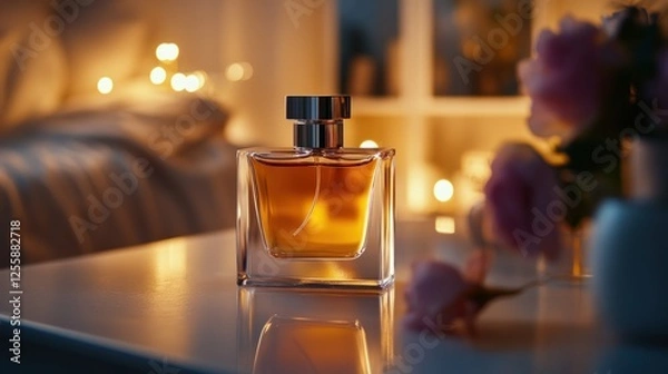 Obraz Elegant perfume bottle on a table with soft lighting and floral accents
