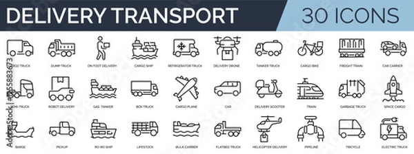 Fototapeta Set of 30 outline icons related to types of delivery transport.  Linear icon collection. Editable stroke. Vector illustration	
