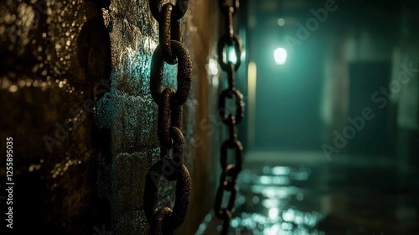 Fototapeta Dark Industrial Setting with Rusty Chains and Mysterious Lighting