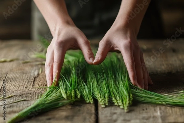 Fototapeta Hands gently arranging fresh green wheat on a rustic wooden table in a cozy kitchen setting