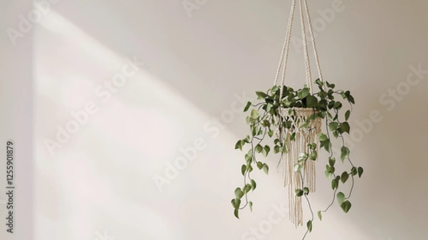 Fototapeta A hanging plant with cascading green vines, suspended against a minimalist beige wall with gentle light.