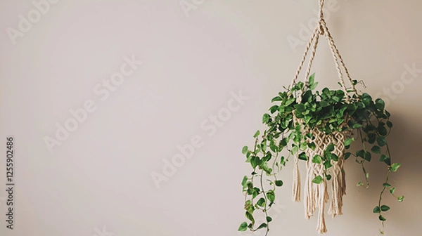 Fototapeta Hanging plant in a beige macrame planter against a plain wall. Indoor decor and plants in a home.
