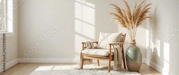 Fototapeta Minimalist modern living room interior background, living room mock up in scandinavian style, empty wall mockup, 3d rendering  