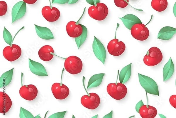 Fototapeta Vibrant Pattern of Delicious Cherries with Fresh Green Leaves on a White Background for Creative Projects and Designs