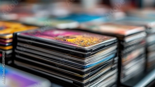 Fototapeta Stacks of colorful trading cards displayed on table