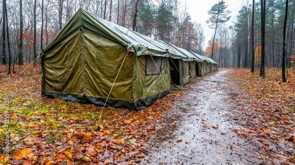 Fototapeta Military Tent Set Up in a Rainy Autumn Forest with Fallen Leaves on the Ground