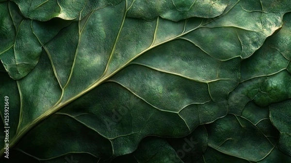 Fototapeta Close-up dark green leaf texture, vein detail, nature background, food, design