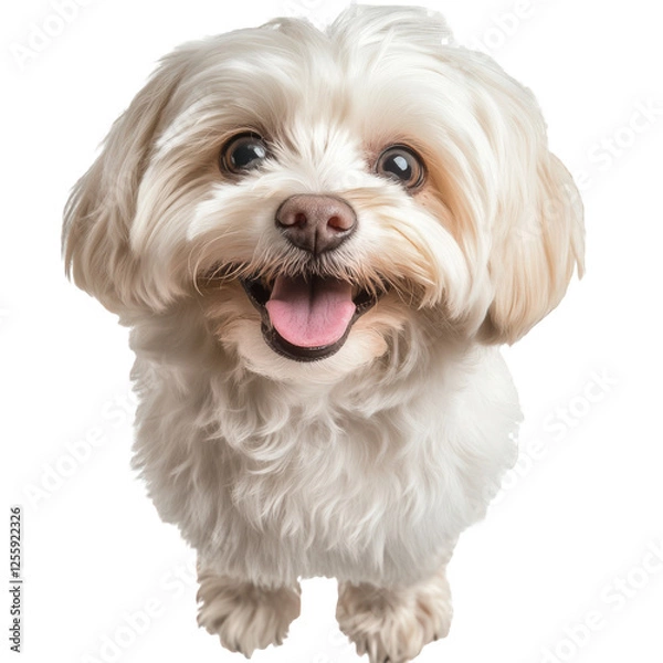 Fototapeta A small white furred dog with a blank background
