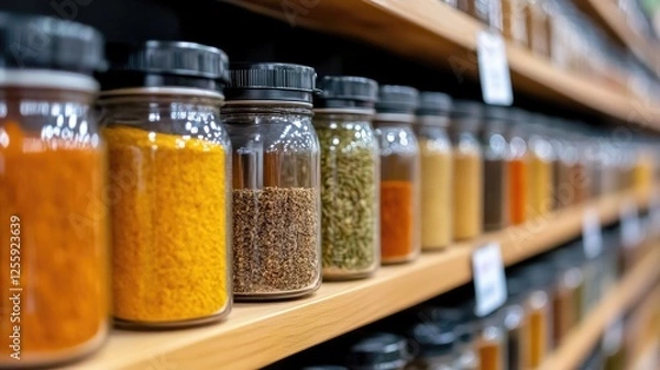 Obraz Jars of assorted spices on wooden shelves in store