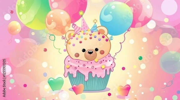 Fototapeta Vibrant Happy Birthday Strawberry Cake with Fresh Berries and Creamy Frosting