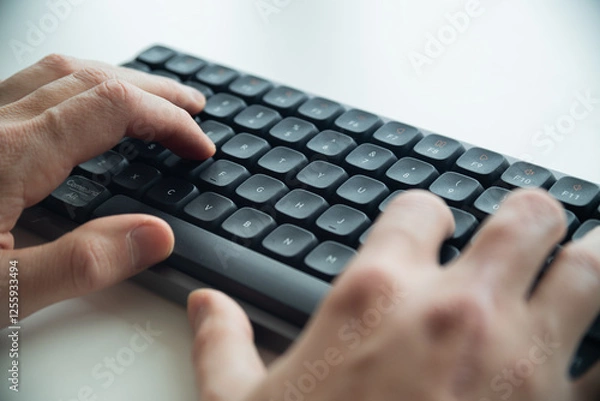 Obraz Close up of a man's hands on keyboard of lap top in the dark room, people working at home, modern white notebook. Internet, work, technology concept.