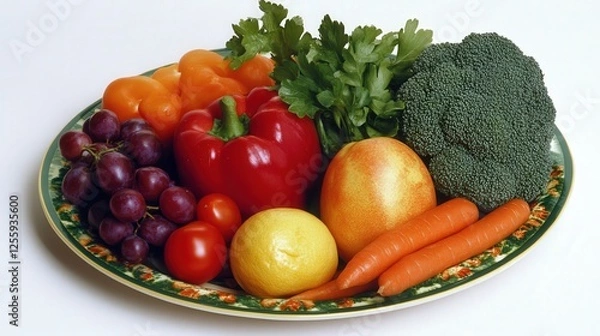 Fototapeta An assortment of fruits and vegetables is beautifully arranged on a decorative plate, surrounded by leafy greens and flowers. The composition emphasizes natural produce and healthy eating.