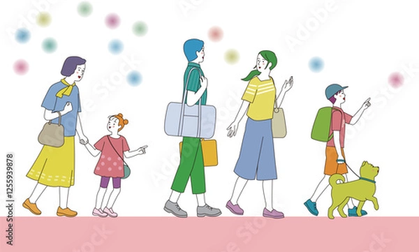 Obraz 笑顔でお出かけする三世代家族。側面から見たイラスト。