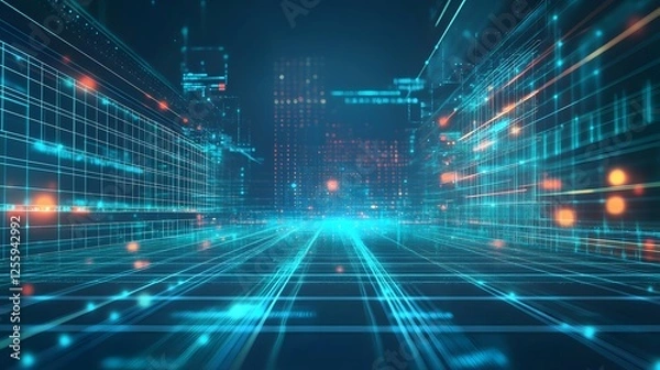 Fototapeta Futuristic Digital Cityscape Data Streams Flowing