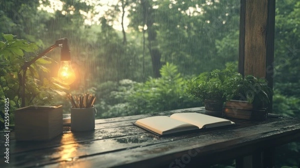 Fototapeta Cozy reading in the rain a peaceful workspace with warm light lush greenery and open notebook on a rustic table capturing tranquility and inspiration amidst nature