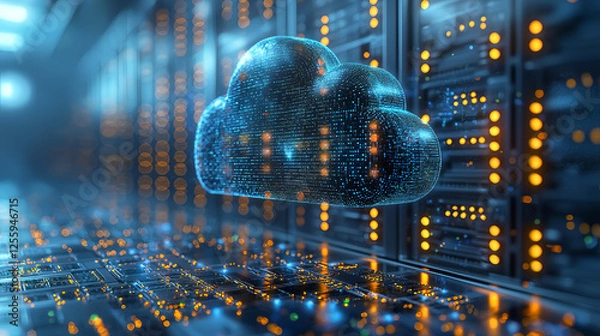 Obraz Futuristic Cloud Computing Concept with Glowing Data Streams in a High-Tech Server Room, Showcasing Advanced Digital Storage, AI Technology, and Big Data Infrastructure for Cyber Security