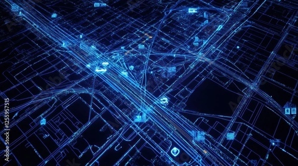 Fototapeta Futuristic Cityscape: Digital Blueprint of Urban Network in Blue Light