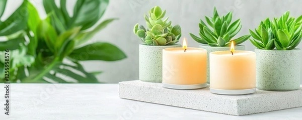Fototapeta Mental health wellness journaling concept. A serene arrangement of candles and succulent plants, creating a calming and stylish ambiance for home decor.