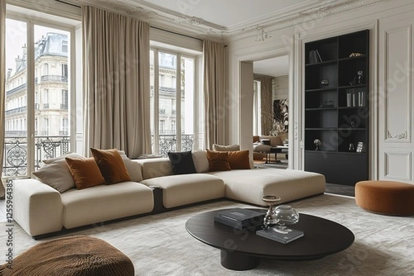 Fototapeta Elegant living space with modular sofa dark wood accents and muted tones in a Parisian apartment bathed in natural light