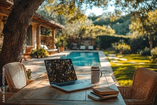 Fototapeta Outdoor workspace by a pool Relaxing work environment with a laptop books and a refreshing drink