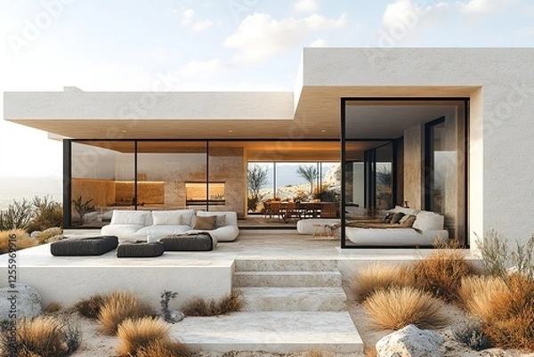 Fototapeta Modern home with desert landscaping featuring open floor plan clean lines and a seamless indoor-outdoor living space