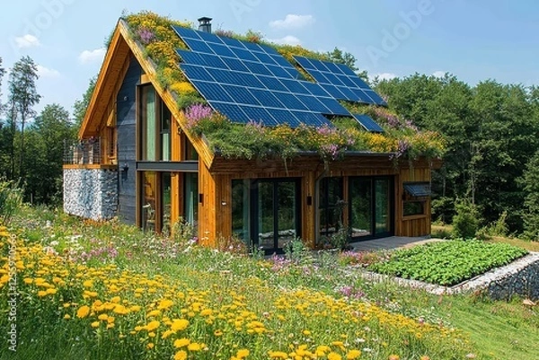Fototapeta Eco-friendly house with green roof covered in plants and solar panels, nestled among wildflowers and lush trees, sustainable modern architecture blending harmoniously with natural environment in rural