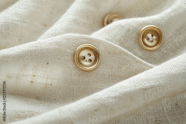 Fototapeta Close-up of beige linen fabric with delicate gold buttons, soft texture, fine stitching, and natural fibers. Warm neutral tones, vintage clothing detail, elegant craftsmanship, and organic material.

