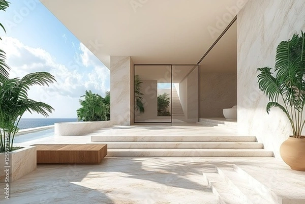 Fototapeta Coastal villa entrance with marble steps and ocean view Tropical plants add natural beauty Minimalist architecture Warm and inviting