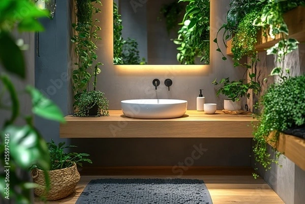 Fototapeta Lush bathroom with white sink and green plants bright mirror Creates a peaceful spa-like atmosphere with natural elements and soft lighting