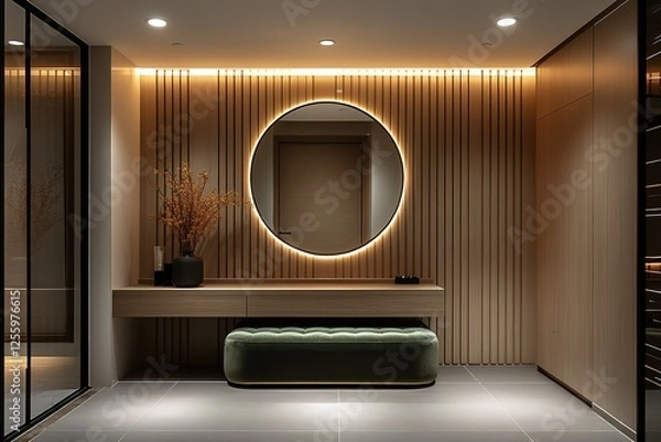 Fototapeta Modern entrance hall with round mirror wooden panels floating console and green ottoman