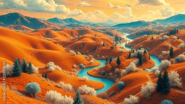Fototapeta A psychedelic landscape with rolling hills, winding rivers, and colorful trees, in shades of orange, teal, and white, with a grainy texture.