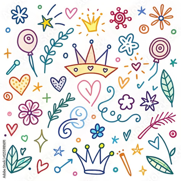 Fototapeta Colorful doodle party elements; celebration background; design resource