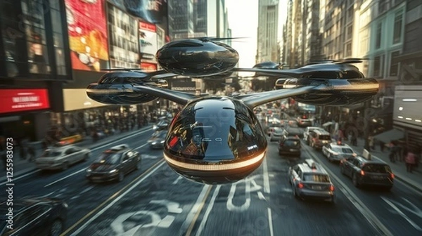 Obraz A futuristic cityscape with flying cars and traditional vehicles on the road, surrounded by tall buildings and greenery, showcasing advanced technology and urban development.