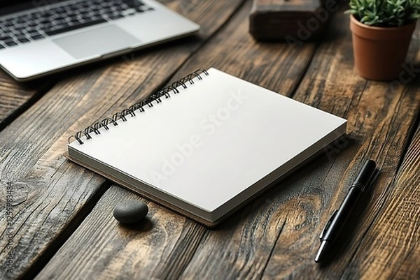 Fototapeta Workspace with blank notepad pen laptop and plant creating a scene for inspiration and organization on a wooden desk