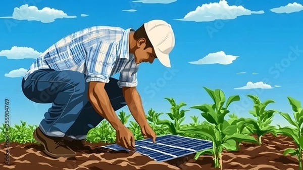 Fototapeta Sustainable Farmer Using Solar-Powered Smart Irrigation on Agricultural Field