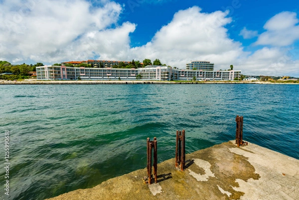 Fototapeta View of abandoned sea resort concrete buildings and structures in ruins near St. Constantine and Helena, city of Varna, Bulgaria, the shores of Black Sea, EU
