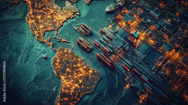 Obraz Illuminated Global Trade Network Over North and South America