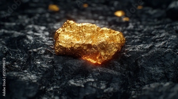 Fototapeta Gold nugget on dark rock, mining, wealth, glow