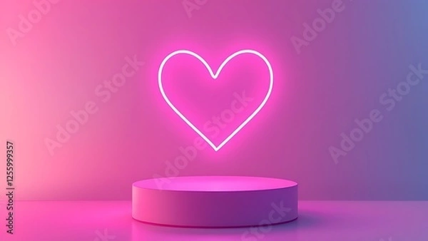 Fototapeta Vivid pink neon heart shape is standing on a pink podium, lighting up the whole scene
