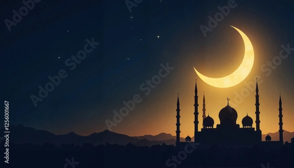 Obraz Eid al-Fitr celebration with glowing crescent and mosque silhouette, peace