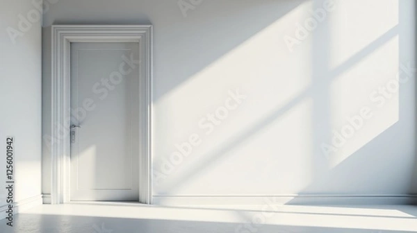 Fototapeta Sunlit Interior with a Closed White Door and Clean Walls