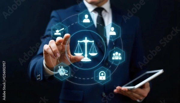 Obraz Business professional interacting with digital legal icons, showcasing technology in law