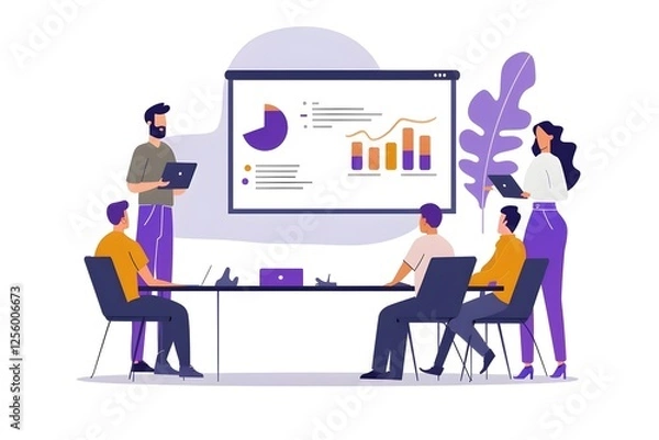 Fototapeta Team Presents Data Analysis, Showing Growth Charts and Pie Charts During a Productive Meeting, Collaboratively Working on Project Strategies, Improving Efficiency.