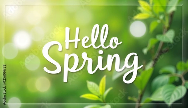 Fototapeta Hello Spring white calligraphy typography with green leaves and sunlight bokeh effect