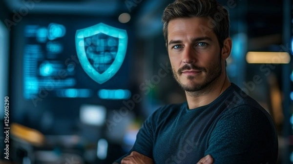 Obraz Confident Young Man in Cyber Security Office with Technology Background