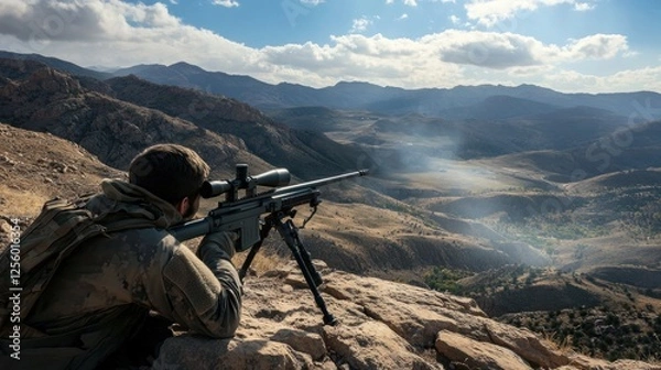 Fototapeta Sniper in Mountainous Terrain: A Long-Range Shot